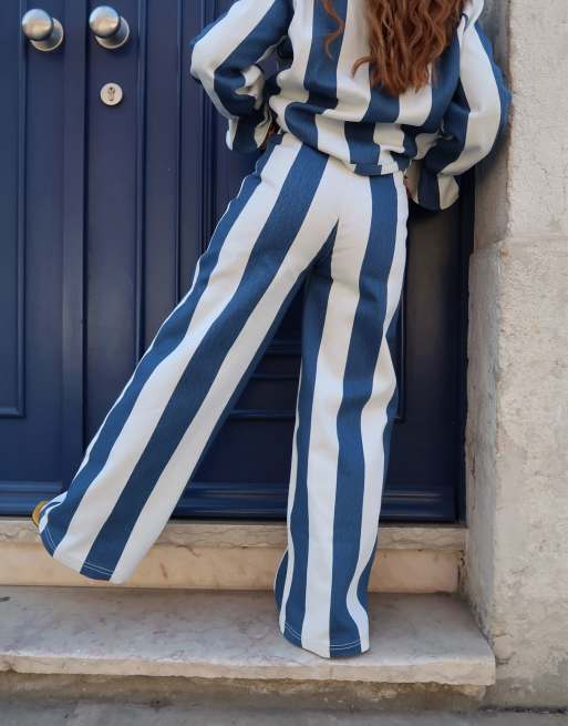 Labelrail x Rebecca Olivia wide leg circus stripe pants in navy and cream