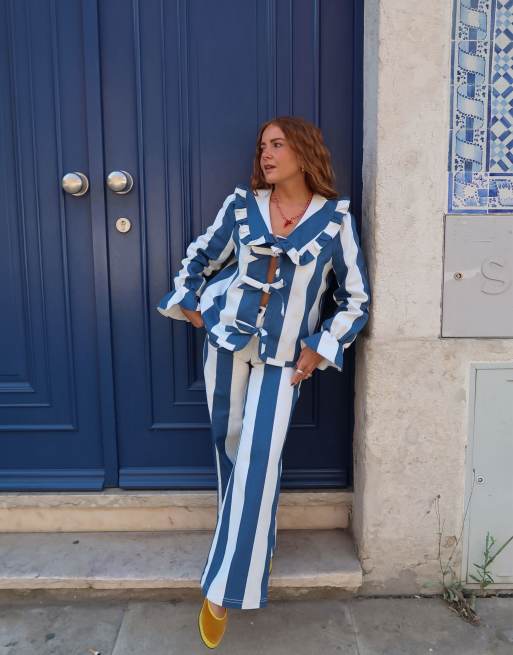 Labelrail x Rebecca Olivia wide leg circus stripe pants in navy and cream