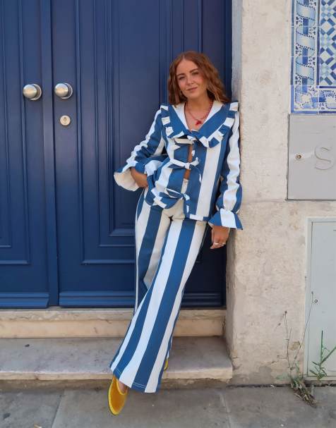 Labelrail x Rebecca Olivia wide leg circus stripe trousers in navy and cream - view 1
