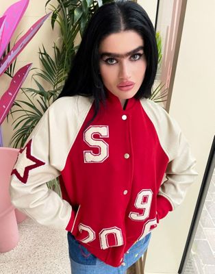 Labelrail x Sophia Hadjipanteli applique oversized bomber jacket in red  - ASOS Price Checker