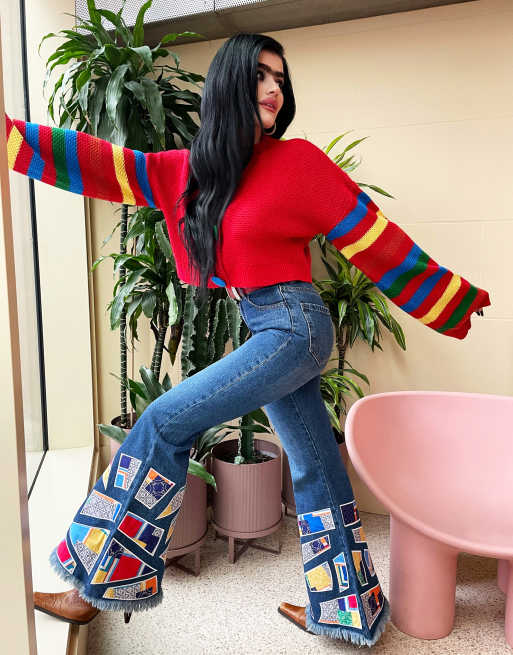 Labelrail x Sophia Hadjipanteli bell-bottom patchwork jeans in blue