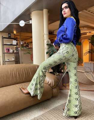 Labelrail x Sophia Hadjipanteli faux snake bell bottom flared pants in green