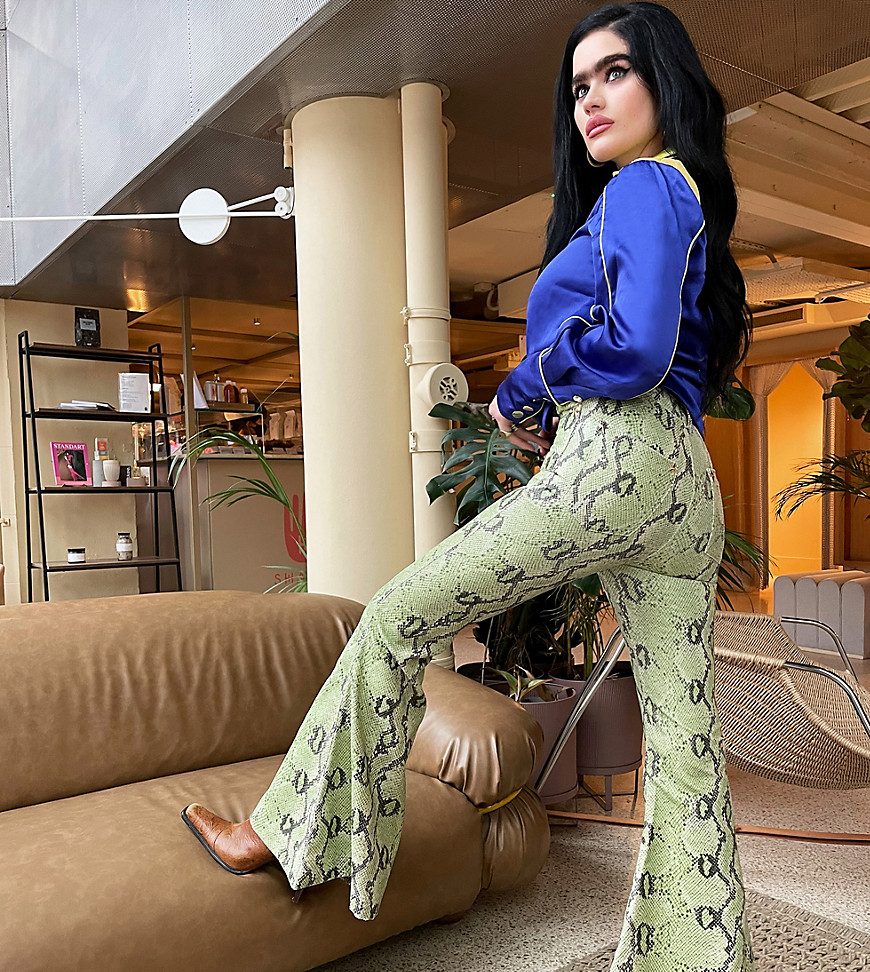 Labelrail x Sophia Hadjipanteli faux snake bell-bottom flared trousers in green