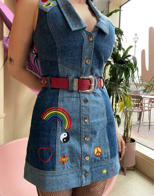 patches of denim mini dress Labelrail x Sophia Hadjipanteli patch detail denim mini dress in blue
