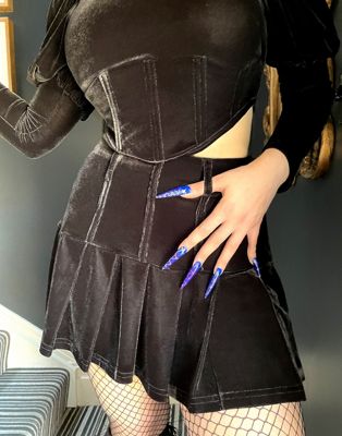 Labelrail x Sophia Hadjipanteli velvet corset detail pleat mini skirt in black co-ord