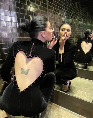 Labelrail x Sophia Hadjipanteli velvet embellished heart back catsuit in black