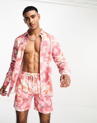Labelrail x Stan & Tom marbled print linen shirt co-ord in pink multi - ASOS Price Checker