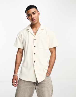 Labelrail x Stan & Tom relaxed revere collar ribbed button through shirt in neutral - ASOS Price Checker
