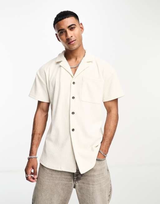 Labelrail x Stan & Tom relaxed revere collar ribbed button through shirt in  neutral