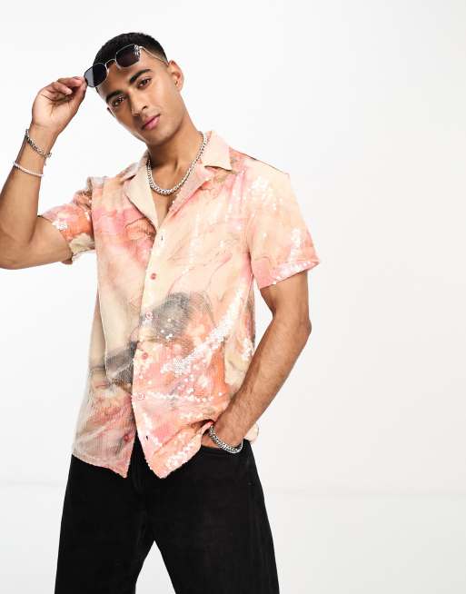 Labelrail x Stan & Tom revere collar marbled print sequin short sleeve ...