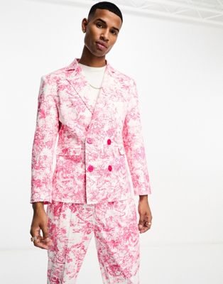 Labelrail x Stan & Tom toile print fitted double breasted suit blazer co-ord in pink