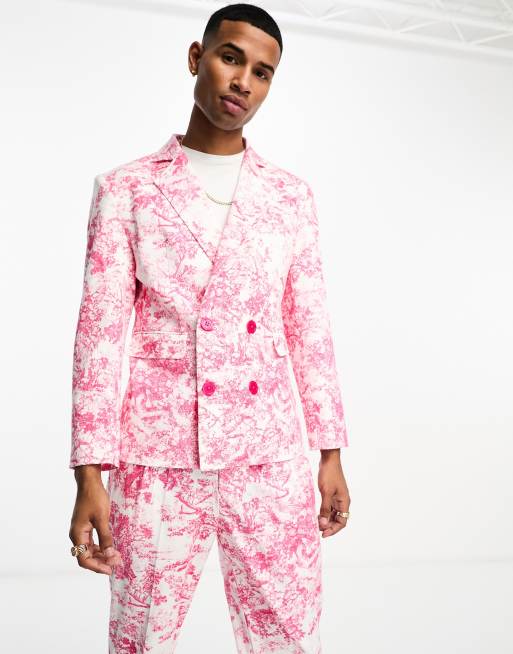 Labelrail x Stan & Tom toile print fitted double breasted suit blazer in pink - part of a set