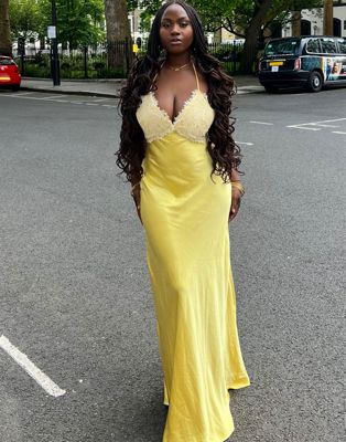 Labelrail X Sumbo Owoyele Lace Detail Camisole Satin Maxi Dress In Yellow