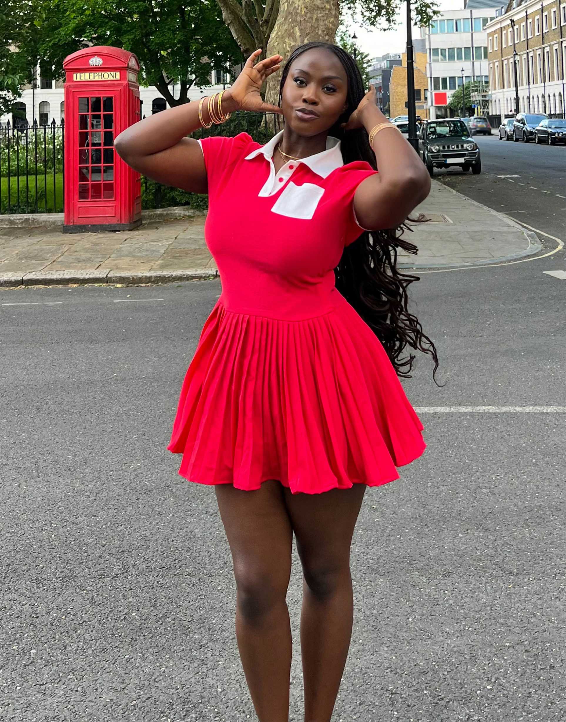 labelrail x sumbo owoyele pleated skirt polo shirt mini dress in red