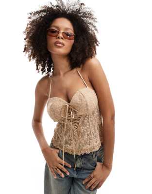 Labelrail X Sumbo Owoyele Ribbon Detail Lace Corset In Taupe-brown