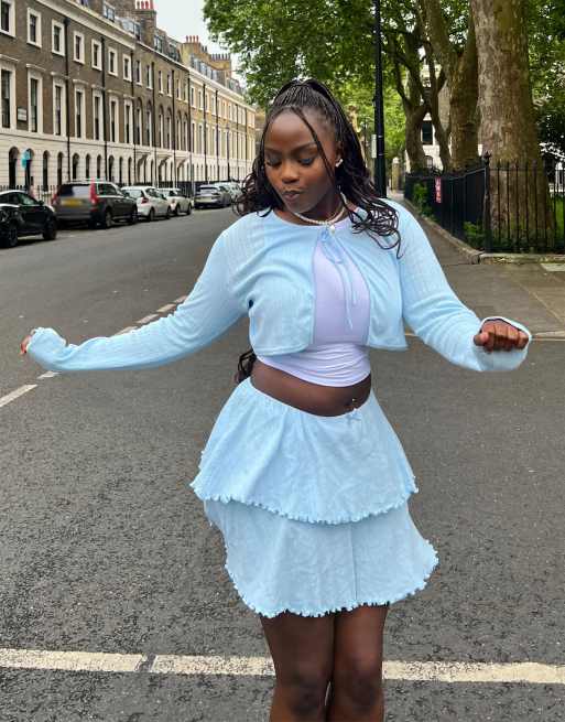 Labelrail x Sumbo Owoyele ribbon detail ruffle pointelle mini skirt co ord in light blue ASOS