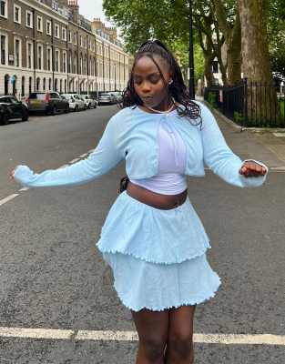 x Sumbo Owoyele ribbon detail ruffle pointelle mini skirt in light blue - part of a set