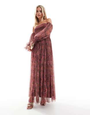 Lace & Beads Petite Lace and Beads Petite long sleeve tulle ruffle maxi dress in purple floral