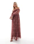 [Lace & Beads Petite] Lace and Beads Petite long sleeve tulle ruffle maxi dress in purple floral 8 Purple Floral