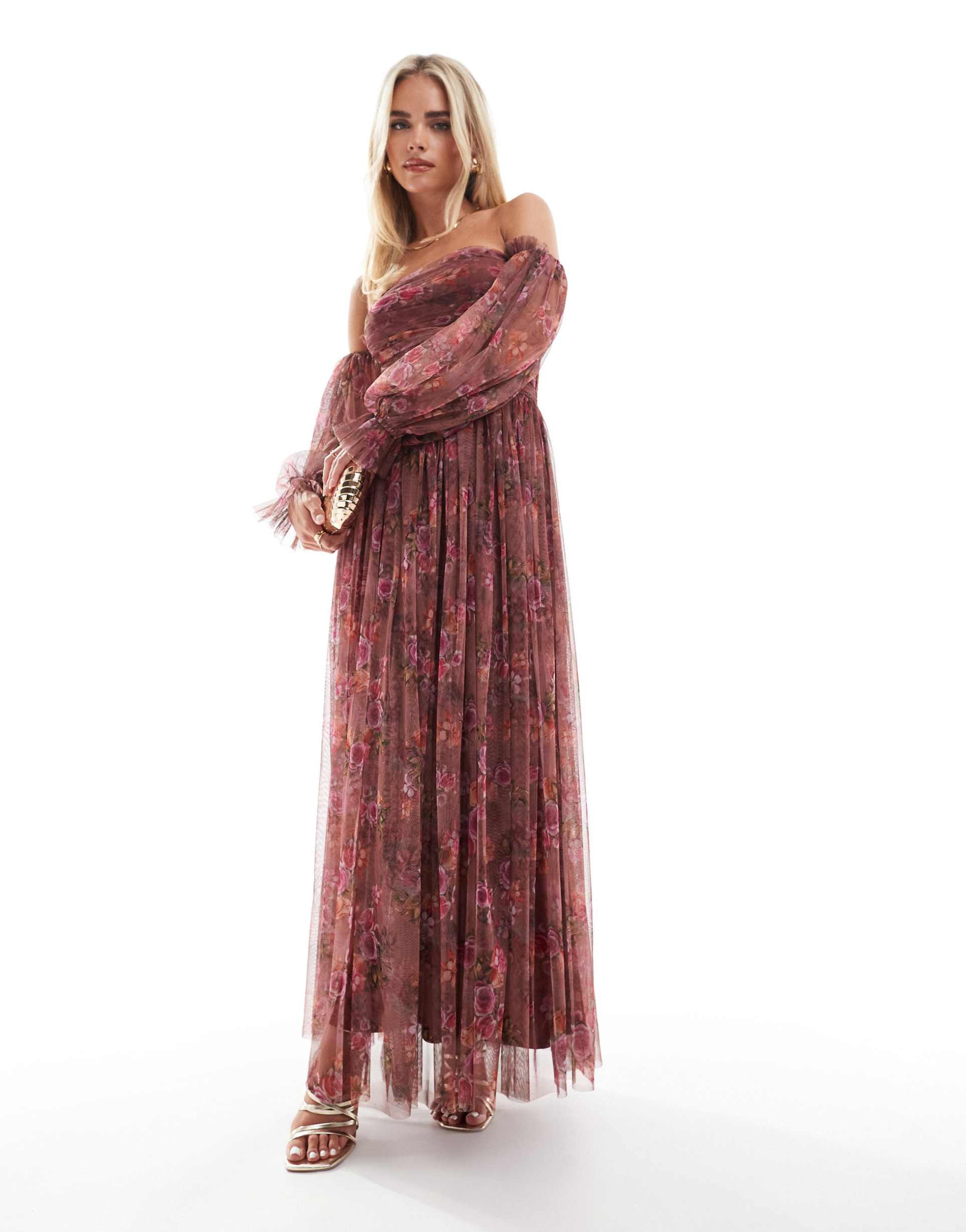 lace and beads petite long sleeve tulle ruffle maxi dress in purple floral