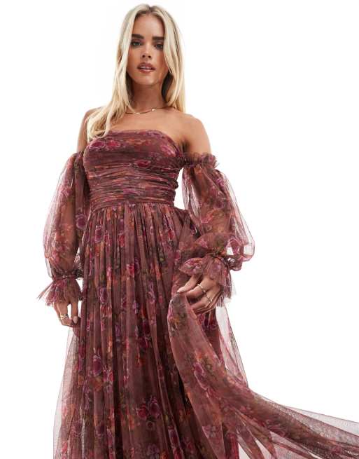 Lace and Beads Petite long sleeve tulle ruffle maxi dress in