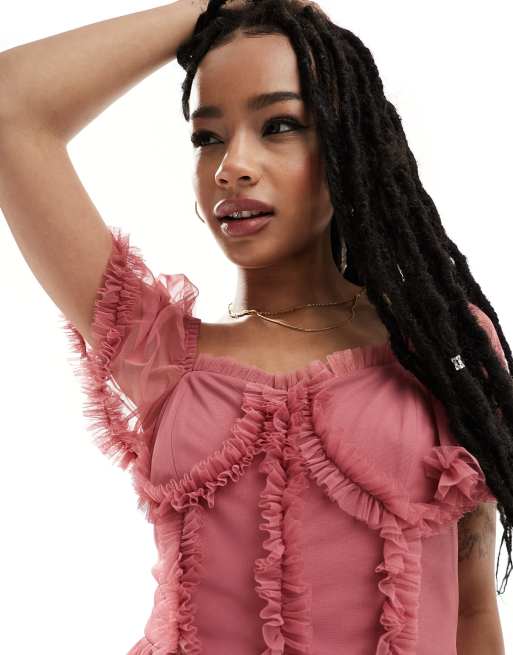 Lace and Beads Petite ruffle corset mini dress in dusky pink | ASOS