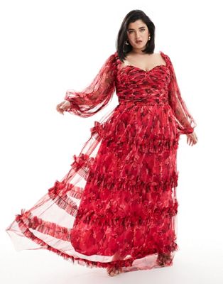 Lace and Beads Plus long sleeve tulle ruffle maxi dress in pink and red floral