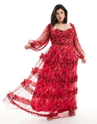 Lace and Beads Plus long sleeve tulle ruffle maxi dress in pink and red floral