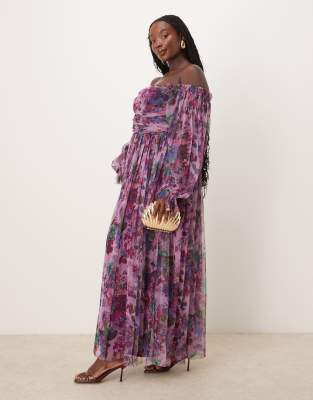 Lace and Beads Plus long sleeve tulle ruffle maxi dress in purple floral