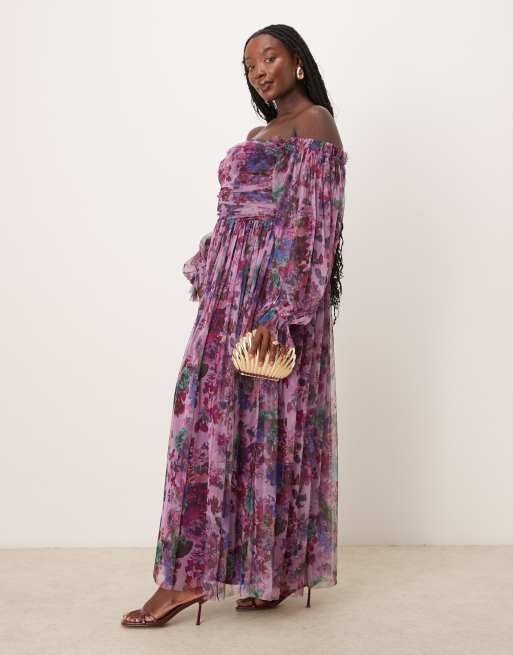 Lace and Beads Plus long sleeve tulle ruffle maxi dress in purple floral ASOS