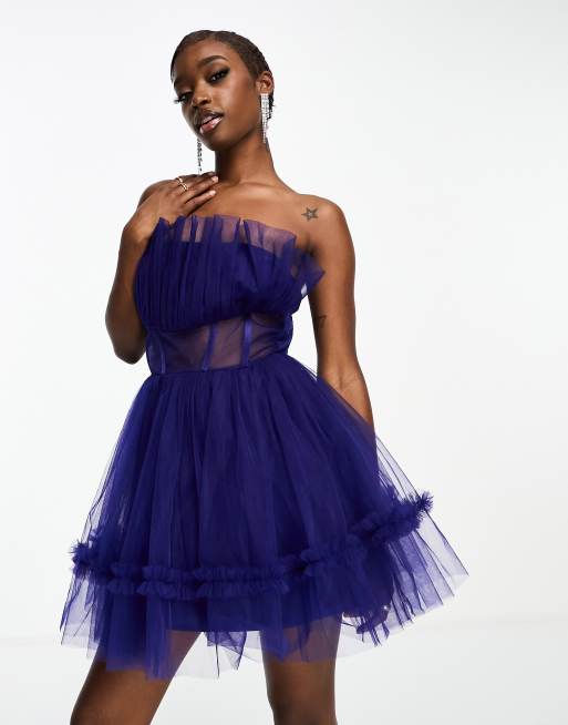 Lace and Beads tulle bandeau mini dress with sheer waist detail in blue