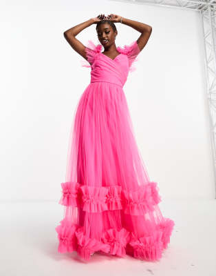 Lace and Beads tulle maxi dress with frill detail in bright pink