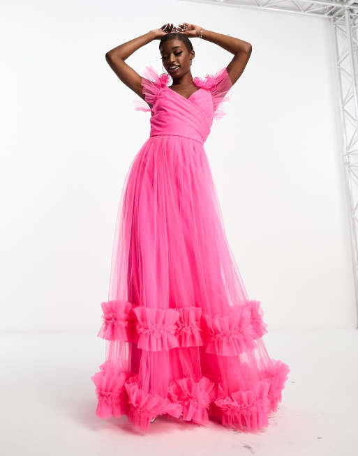 Flounce London extreme frill tulle high low maxi dress in pink, ASOS