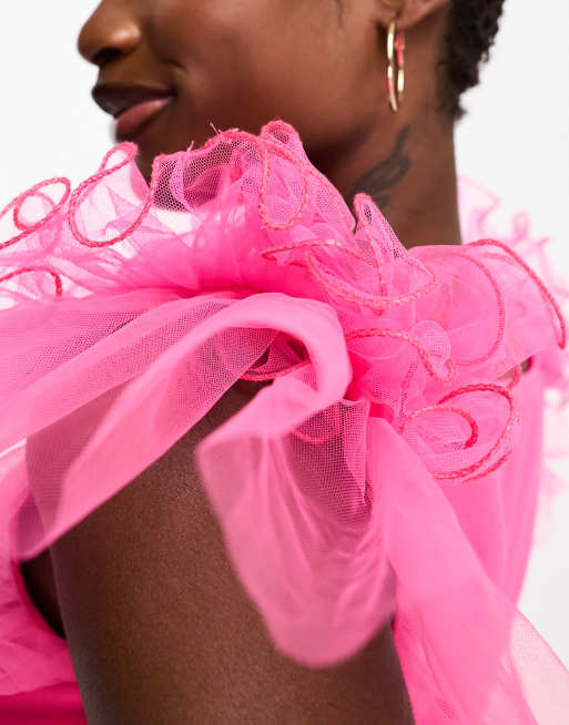pink tulle dress asos Lace & Beads Petite bow shoulder tiered tulle maxi dress in pink
