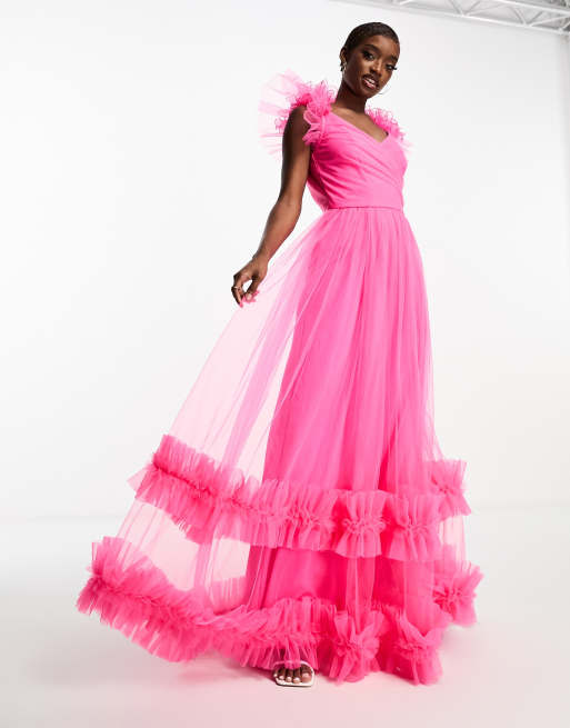 Lace and Beads tulle maxi dress with frill detail in bright pink