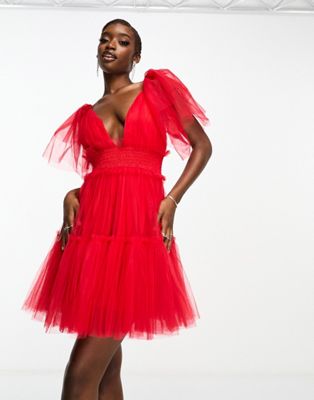 Lace and Beads tulle mini dress with frill detail in red - ASOS Price Checker