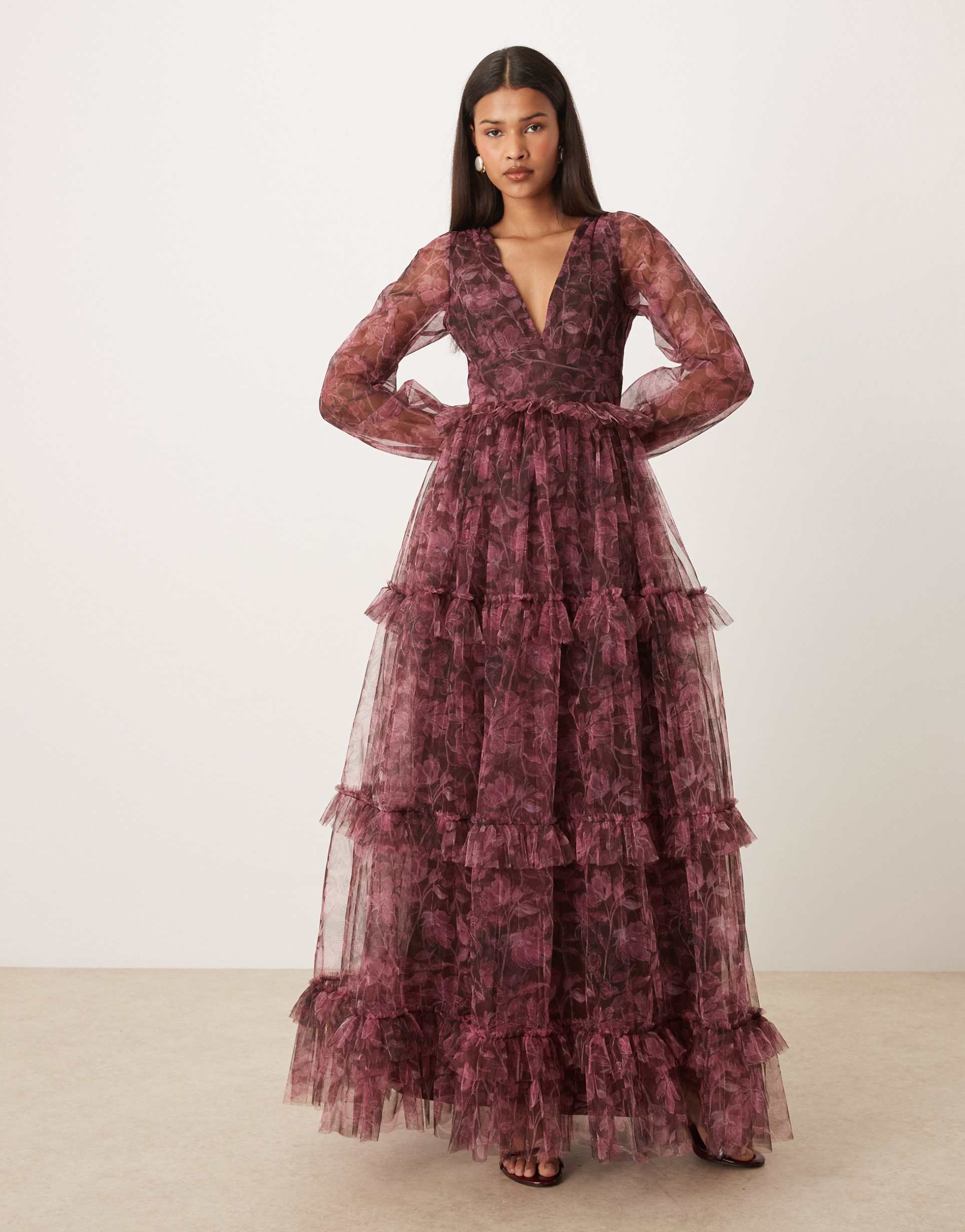 lace and beads tulle plunge neck sheer sleeve tiered maxi dress in berry floral