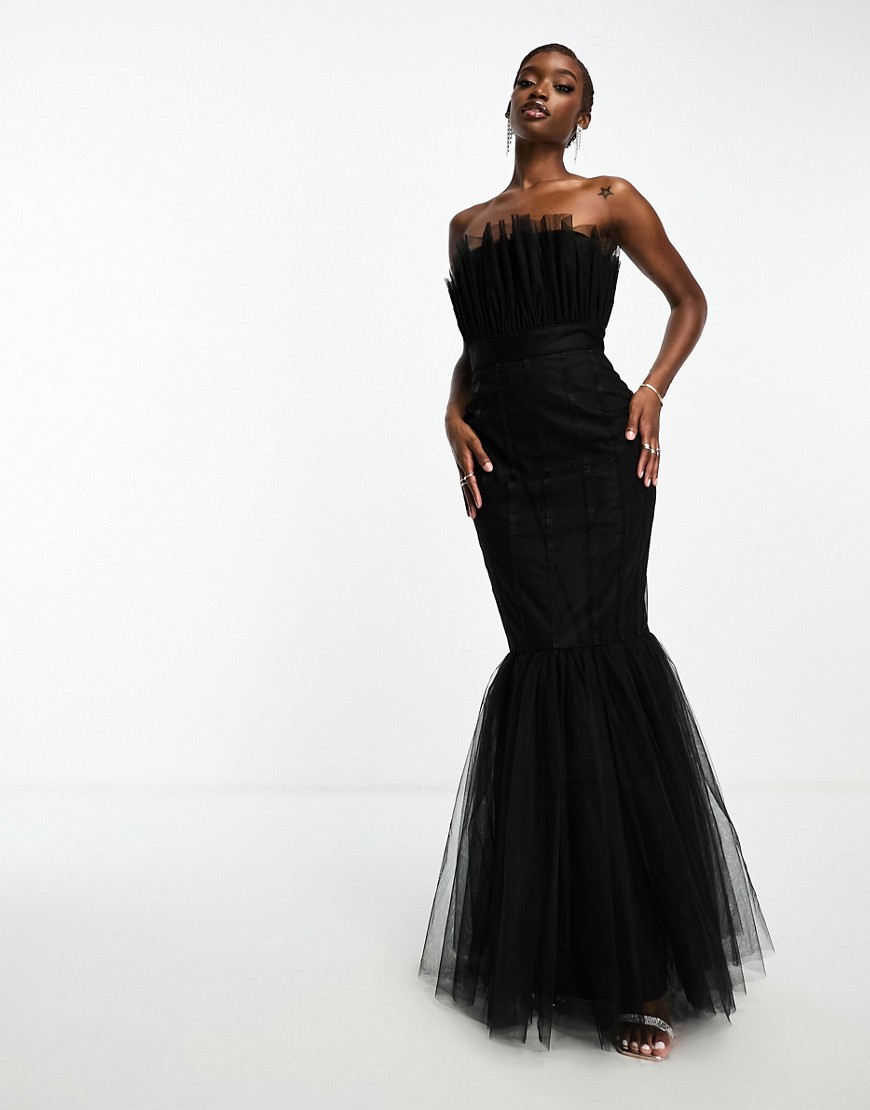 Lace and Beads tulle strapless fishtail maxi dress in black