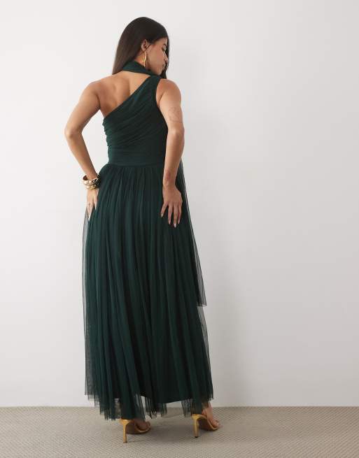 Lace & Beads abito lungo in tulle monospalla con scollo a sciarpa per damigelle d'onore verde smeraldo, 4 di 4