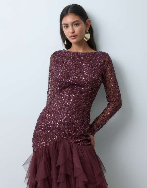 Lace & Beads abito maxi impreziosito con scollo rotondo, vita bassa e gonna con volant, bordeaux, 3 di 5