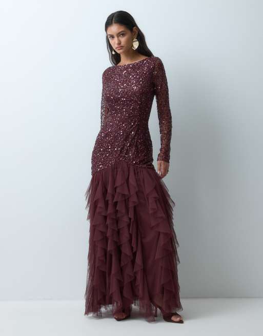 Lace & Beads abito maxi impreziosito con scollo rotondo, vita bassa e gonna con volant, bordeaux, 4 di 5
