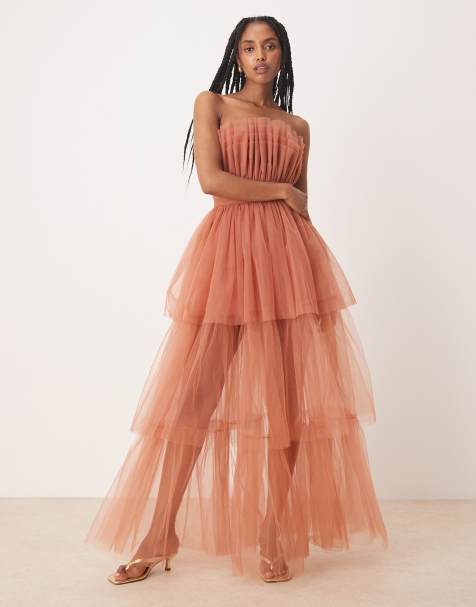 Lace & Beads bandeau high low maxi dress in terracotta rose
