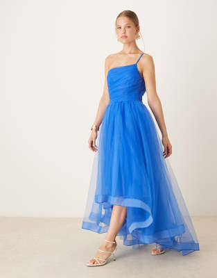 Lace & Beads asymmetric organza maxi dress in cobalt - view 1