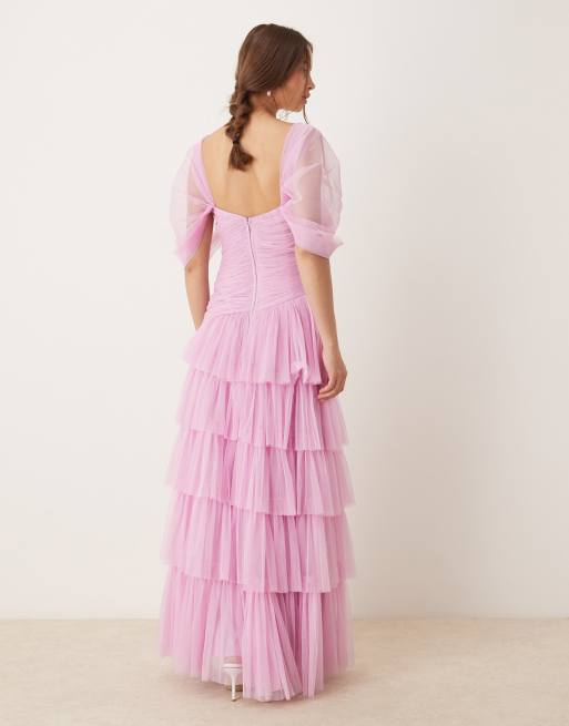 Lace & Beads asymmetric ruffle tulle maxi dress in ethereal rose, 3 of 4