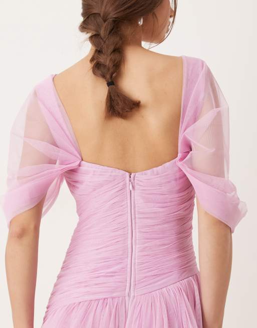 Lace & Beads asymmetric ruffle tulle maxi dress in ethereal rose