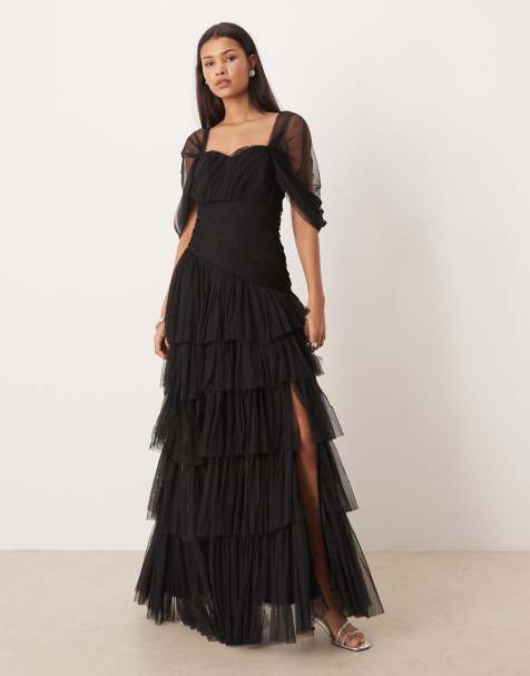 Lace & Beads asymmetric ruffled tulle maxi dress in black - view 1