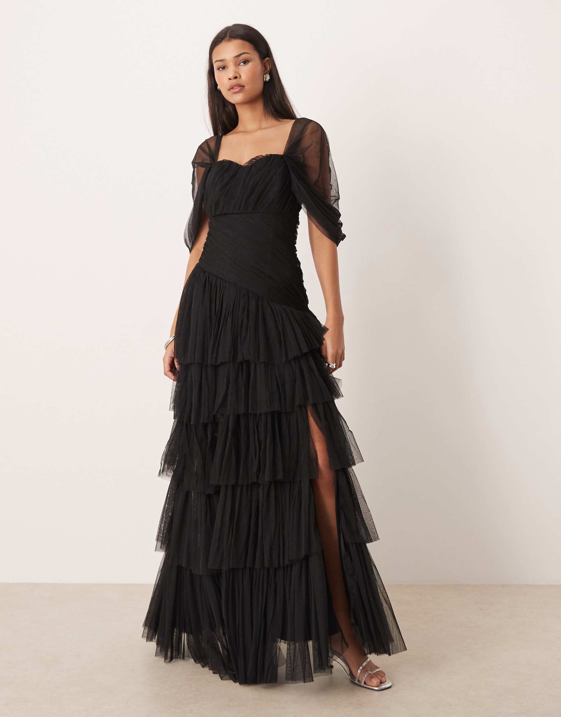 lace & beads asymmetric ruffled tulle maxi dress in black