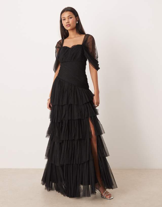 lace and beads black tulle dress & asymmetric ruffled maxi in Corset dress