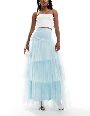 asymmetric tulle maxi skirt in sky blue