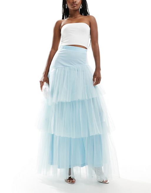 Lace & Beads asymmetric tulle maxi skirt in sky blue